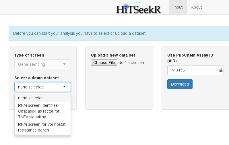 For the input data you can choose between demo data sets, uploading your own data, or downloading a dataset via its PubChem Assay ID