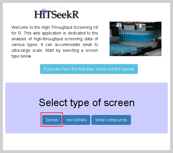 The choice of the screen type is always the first step in HiTSeekR